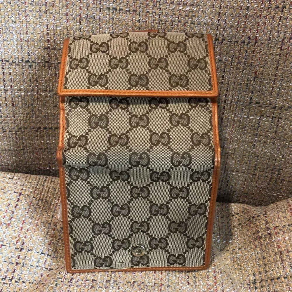 GUCCI GG Monogram Orange Leather Tan Canvas Trifold Wallet Vintage AUTHENTIC